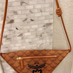 MCM Tan Cognac Logo Triangle Crossbody with Gold Hardware